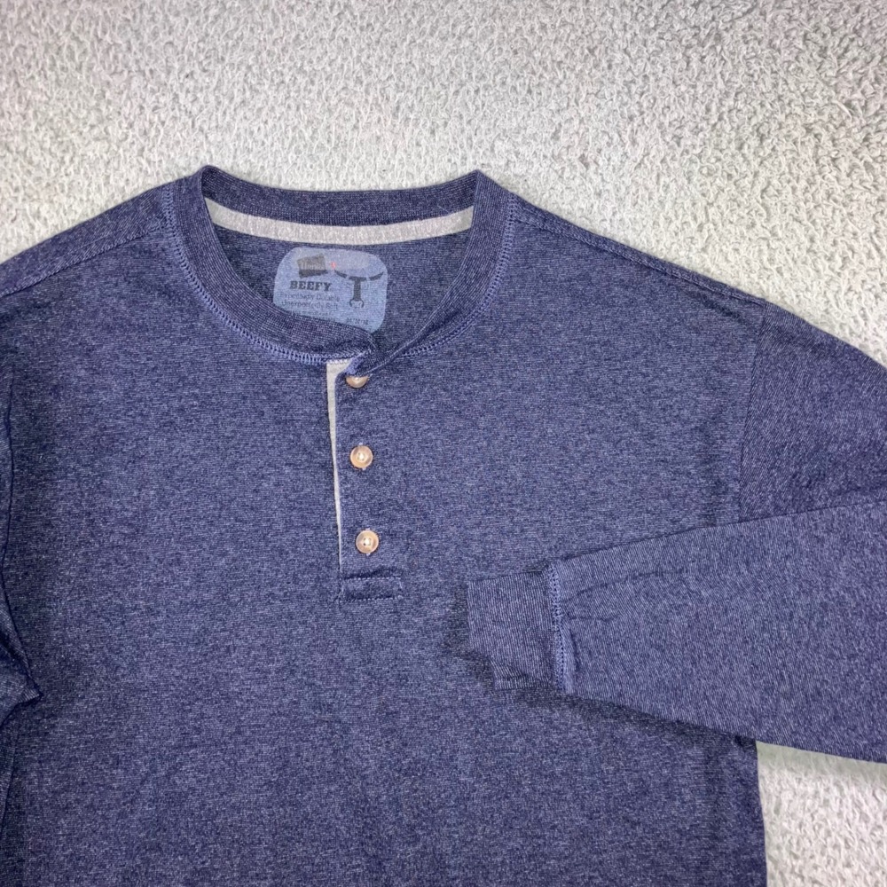 Hanes Beefy Long Sleeve Henley Shirt Men Medium Navy Blue Outdoor Grunge
